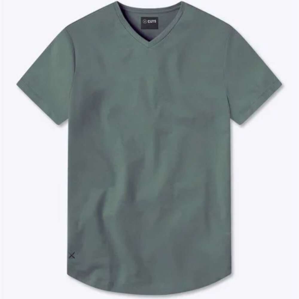 NEW Cuts Clothing Men's Elm Green AO Curve Hem V-neck Tee Shirt Size: M Medium